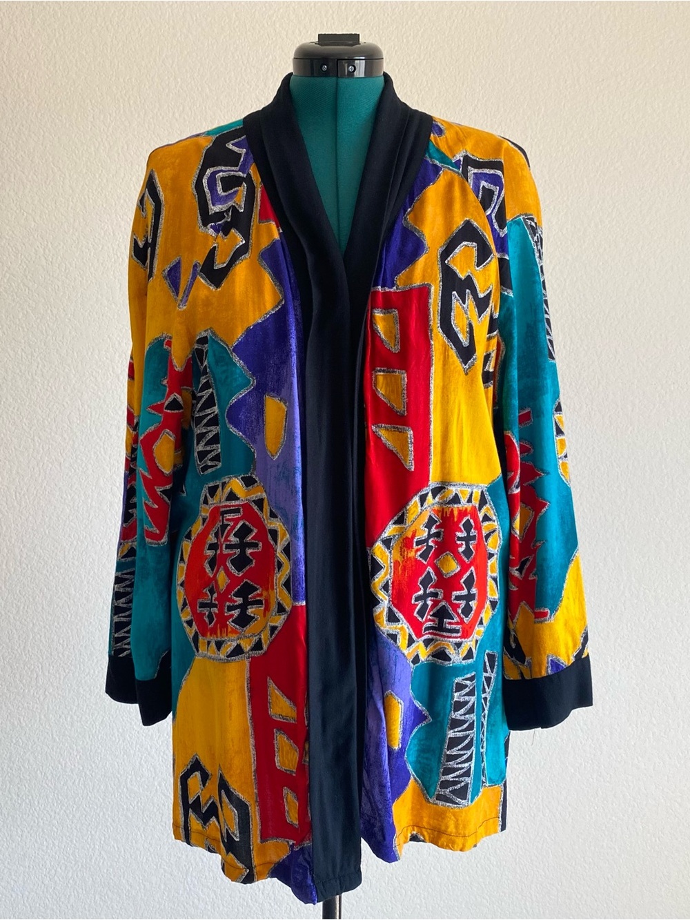 Vintage Adrian Jordan Aztec abstract print open blazer with vibrant geo designs